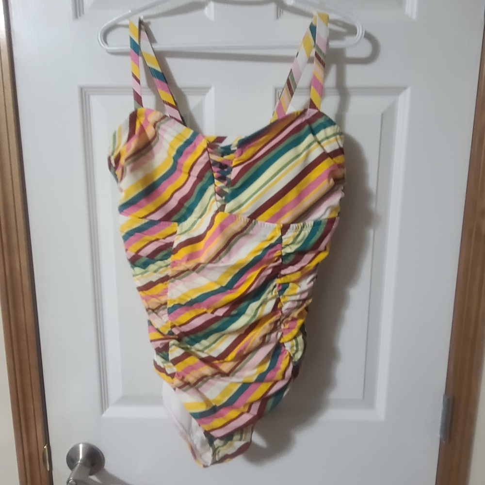 Striped One-Piece Swimsuit in Yellow, Pink & Green